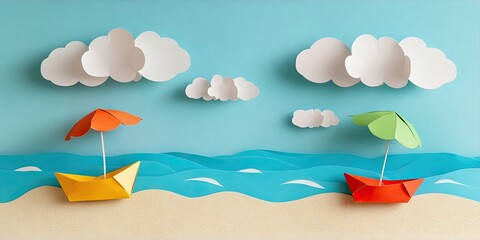 Colorful paper umbrellas on sandy beach with orange and green accents beside vibrant paper boats and soft white clouds against blue sky