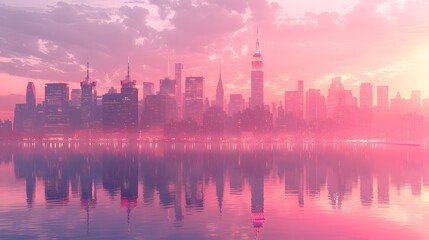 Fototapeta premium Pink Cityscape: A Dreamlike Reflection of Manhattan at Dawn