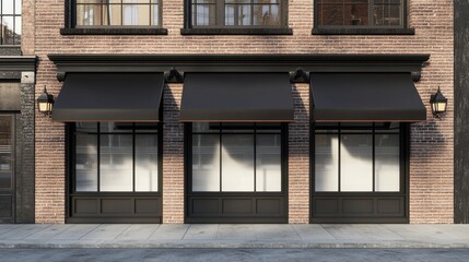 Obraz premium Old brick shop with black and brown awnings, large windows, and blank wall space for advertising mockups