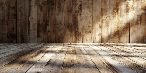 Empty wooden texture background with warm brown tones, horizontal wooden planks, soft light casting shadows across the floor and walls.