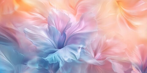 Pastel floral abstract with soft blue and pink hues blending into a warm orange background creating a dreamy and ethereal atmosphere