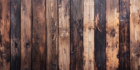 Fototapeta premium Brown wooden planks in various shades of brown arranged vertically, creating a rustic textured background with ample copy space for design use.