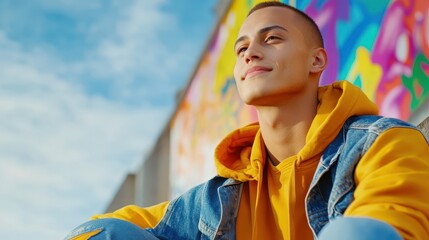 Fototapeta premium Urban Dreamer: A young man in a vibrant yellow hoodie sits against a backdrop of colorful graffiti, gazing up at the sky with a pensive yet hopeful expression.