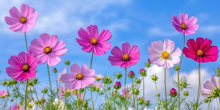 Vibrant cosmos flowers in shades of pink and white blooming in a lush green garden against a bright blue sky with fluffy clouds above