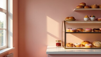 Fototapeta premium Sunlit Pastry Display with Assorted Donuts and Breads on Shelves in a Pink Room