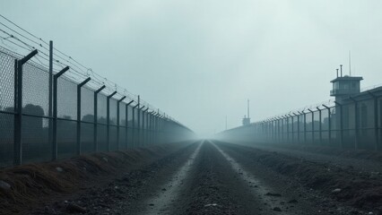 Obraz premium A misty path between tall fences and watchtowers, extending to a distant, hazy horizon