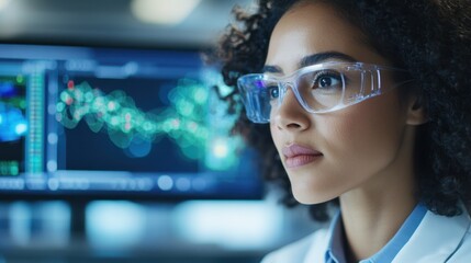 Focused Determination: A female scientist, wearing safety glasses, gazes thoughtfully at a computer screen displaying a complex data visualization.