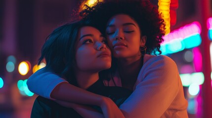 In a bustling nighttime cityscape, two young multi-ethnic women sit together, joyfully embracing each other, surrounded by colorful neon lights that enhance their intimate moment.