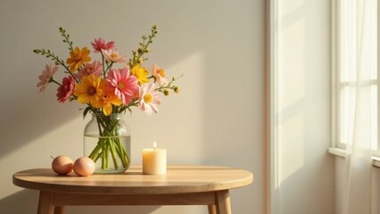 Serene Springtime Still Life Delicate pastel flowers in a clear glass vase, accompanied by two eggs and a gently burning candle, rest on a light wood table bathed in soft sunlight.