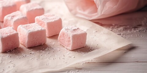 Closeup of pink marshmallows arranged on beige tracing paper with a pastry bag on the right side and ample white space for text above