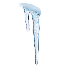 Long ice icicle hanging against a dark black background with sharp edges and transparent texture.