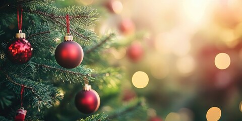 Christmas tree adorned with red and gold ornament balls, blurred background with soft bokeh, warm light showcasing festive ambiance and copy space.