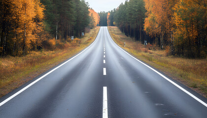 Obraz premium Beautiful view of asphalt road going through autumn forest top view
