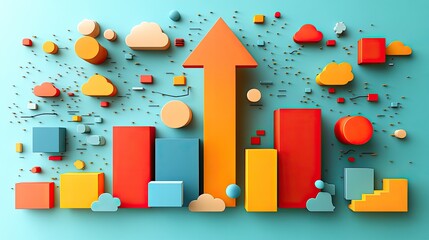 Fototapeta premium Upward Trend 3D Growth Chart, Cloud Background