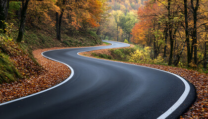 Fototapeta premium Beautiful view of asphalt road going through autumn forest top view