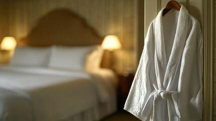 White bathrobe hanging on door, blurred hotel bedroom background.