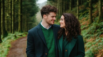 Fototapeta premium Enchanted Forest Romance: A young couple, dressed in emerald green, share an intimate moment amidst a lush, verdant forest path. Their connection is palpable, their eyes locked in a tender gaze.