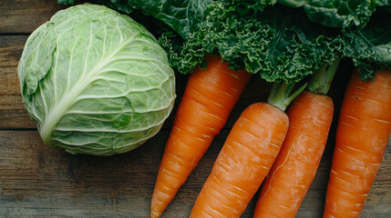 Fresh carrots, cabbage, and kale on rustic wood.
