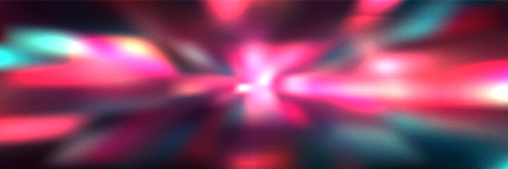 Blurred cyberpunk or vaporwave neon grainy gradient mesh bg with one point perspective and effect of motion. Abstract purple and turquoise vector illustration with overlay grainy texture