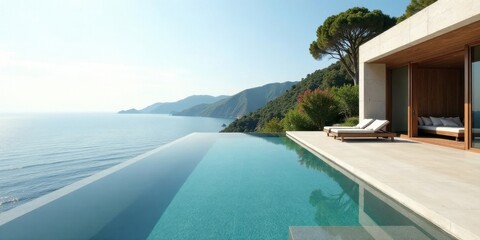 Fototapeta premium Oceanfront Infinity Pool Villa with Panoramic Coastal Views and Modern Design