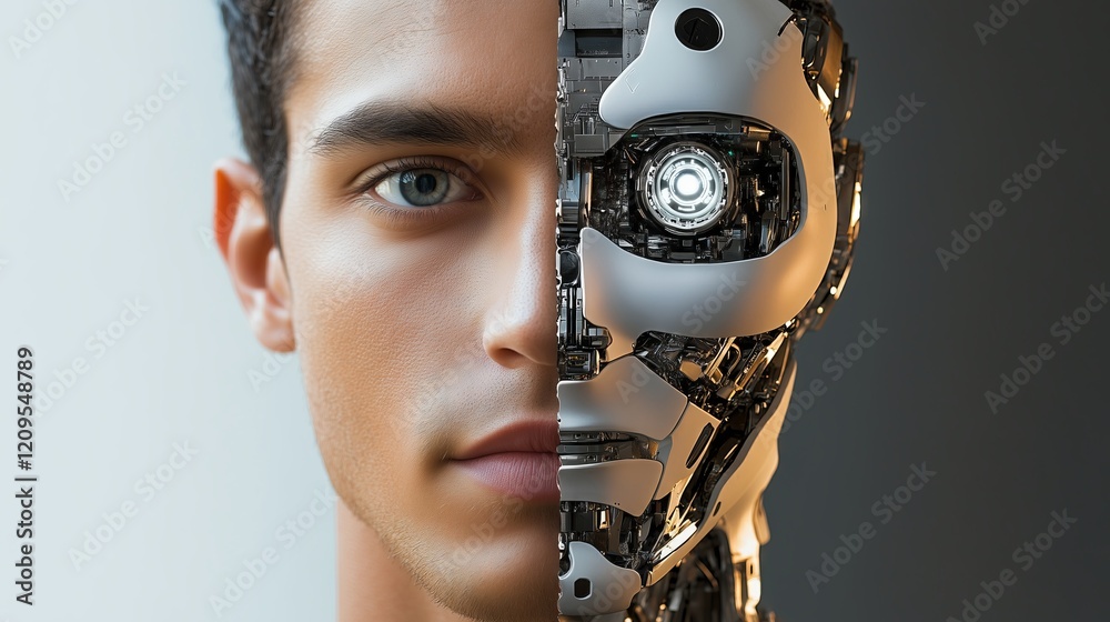 Poster man merging with artificial intelligence robot face showing transhumanism concept