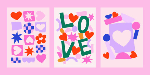 Cute cutout style Valentine's Day vector cards. Hand drawn simple collage illustrations set with paper cut abstract shapes, hearts and stars