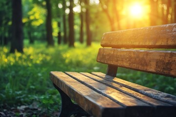 Empty bench bathing in golden sunlight in peaceful park
