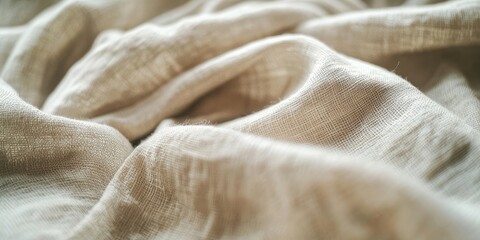 Soft beige linen fabric in a closeup perspective with gentle folds creating texture and ample soft-focused copy space throughout the image