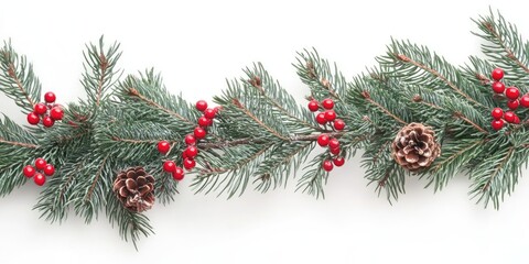 Christmas tree branch with green pine needles, red berries, and pine cones arranged horizontally on a bright white background.