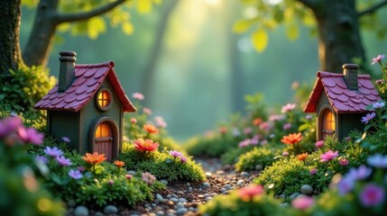 Enchanted Miniature Homes Nestled Amongst Blossoming Flowers on a Serene Pebble Path