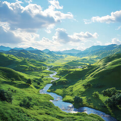 Fototapeta premium bird’s eye view of Jade Valley with winding rivers and hills, providing an expansive landscape 