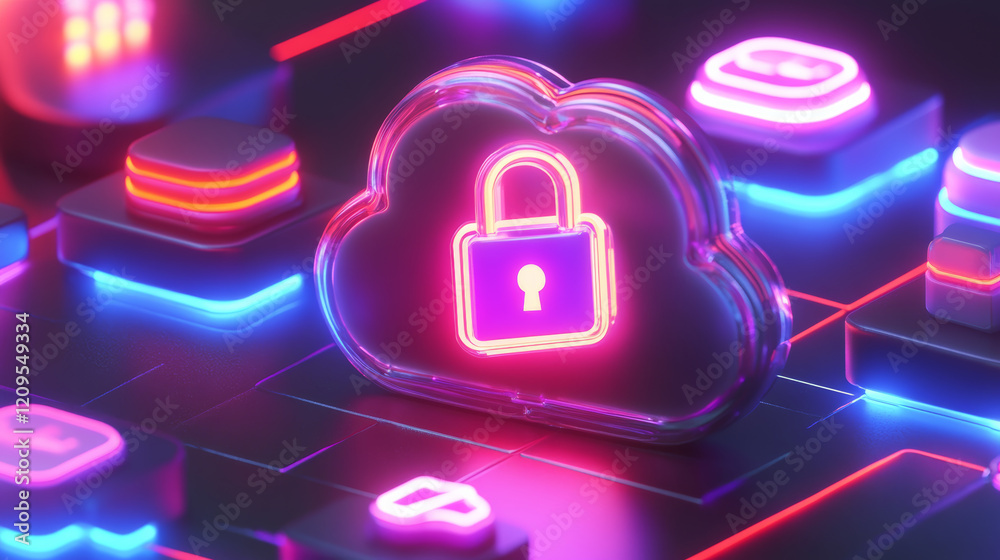 Wall mural glowing cloud icon with padlock symbolizes secure cloud storage and encryption technology. this vibr