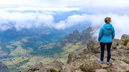 Fototapeta premium Atop the Mountain: A solitary figure stands on a rocky cliff, gazing out at a breathtaking panorama of misty mountains. The vastness of the landscape evokes a sense of peace, introspection.