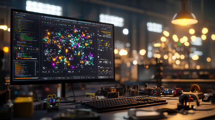 Fototapeta premium high tech control room with computer displaying colorful holographic data interfaces, surrounded by electronic components and tools