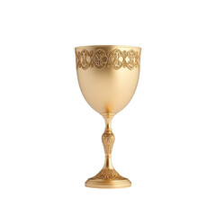 Gold goblet with intricate design on the side displayed on a wooden surface.