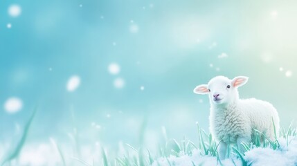Lamb in Winter Wonderland: A fluffy white lamb stands in a field of soft snow, surrounded by a dreamy, light blue backdrop.  The scene evokes feelings of peace, purity and the gentle beauty of winter.