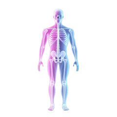 Skeleton with highlighted center displaying anatomical structure and bone details for educational purposes.