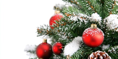 Closeup of a snow-dusted Christmas fir tree with vibrant red ornaments and pinecones against a clean white background perfect for holiday themes
