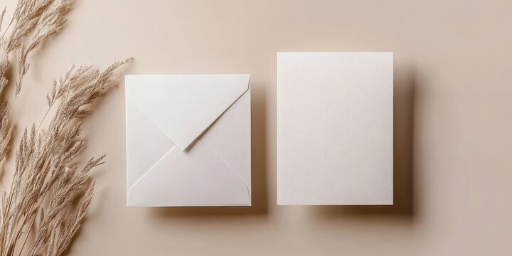 Elegant blank invitation card and envelope mockup in minimalistic layout featuring soft beige background and delicate dried grass accents.