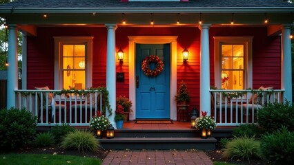 Fototapeta premium Inviting autumnal porch scene at night with warm lighting, blue door, and fall wreath