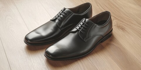Elegant black leather business shoes positioned symmetrically on a light wooden floor, showcasing polished texture and classic design.