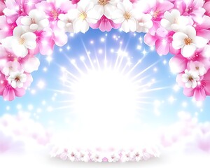Bright spring blossoms frame with light burst.