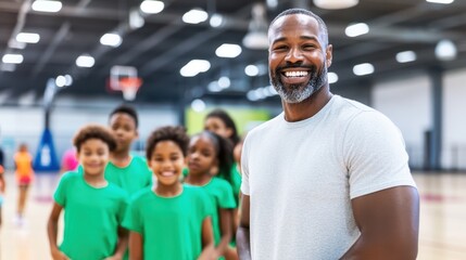 Smiling Coach with Youth Basketball Team: A portrait of a happy, confident male coach standing proudly in front of his diverse youth basketball team.
