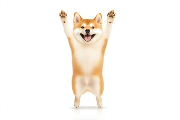 Happy Shiba Inu dog standing with paws raised in a joyful pose against a plain white background