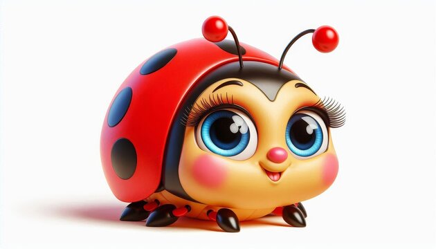 Adorable cartoon ladybug with bright blue eyes, pink cheeks, and a red shell on a white background. 3D digital rendering for design
