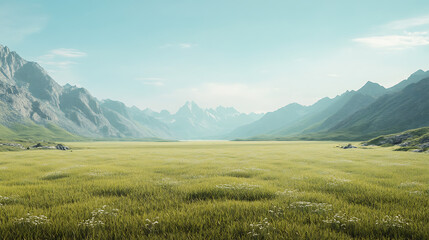 Obraz premium panoramic view of Jade Valley featuring a wide open meadow, distant mountains, and a clear sky