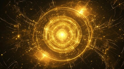 Obraz premium golden glowing circle pattern abstract light design print, cosmic fractal art, bright yellow energy vortex, radiant aura