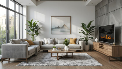 modern, stylish living room with a cozy sofa, coffee table, green plants, a rug, and decorative elements