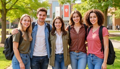 Diverse student ambassadors smiling on university campus, educational unity