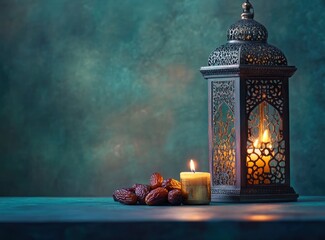 Eid Mubarak and Ramadan Kareem greetings with Islamic lantern, dates, and candle on a blue background with writing space.